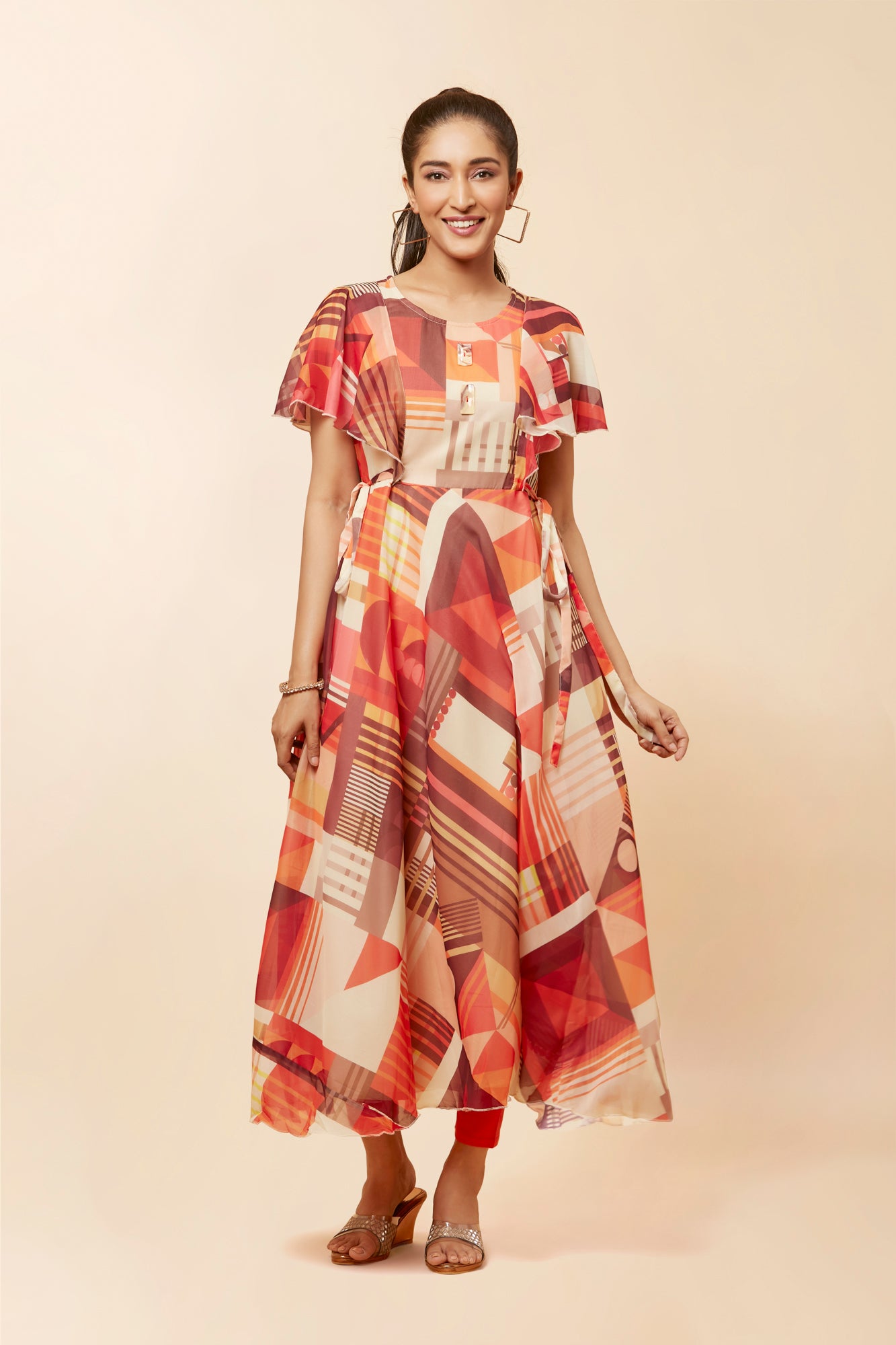 Urban Mystic Geometric Print Dress With Bell Sleeves