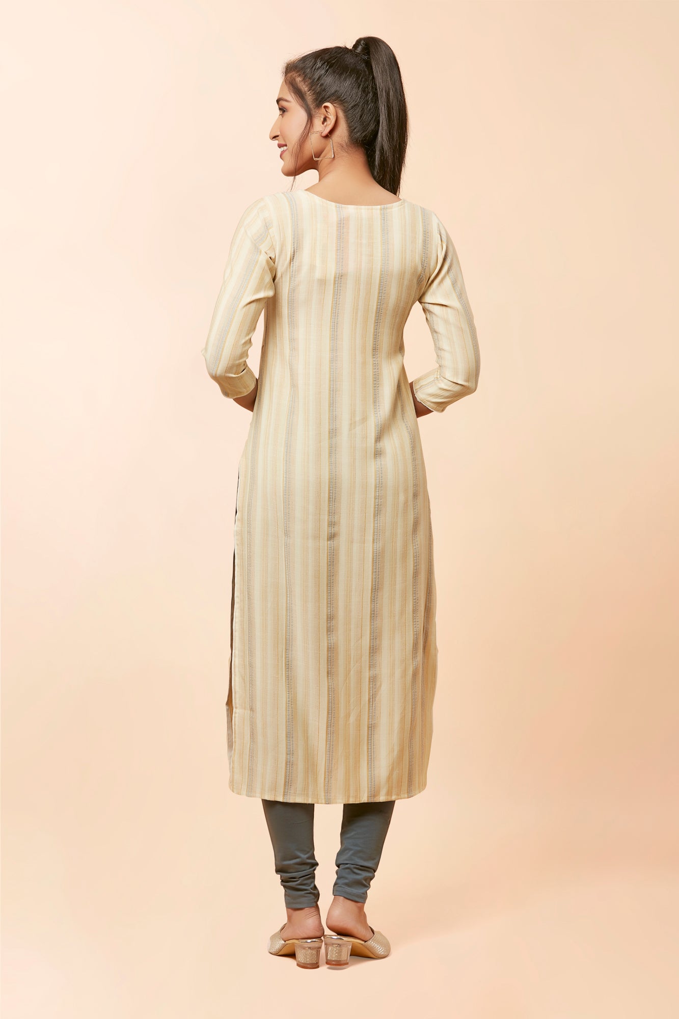 Urban Mystic Stripe Printed Straight Cut Mirror Work Kurta