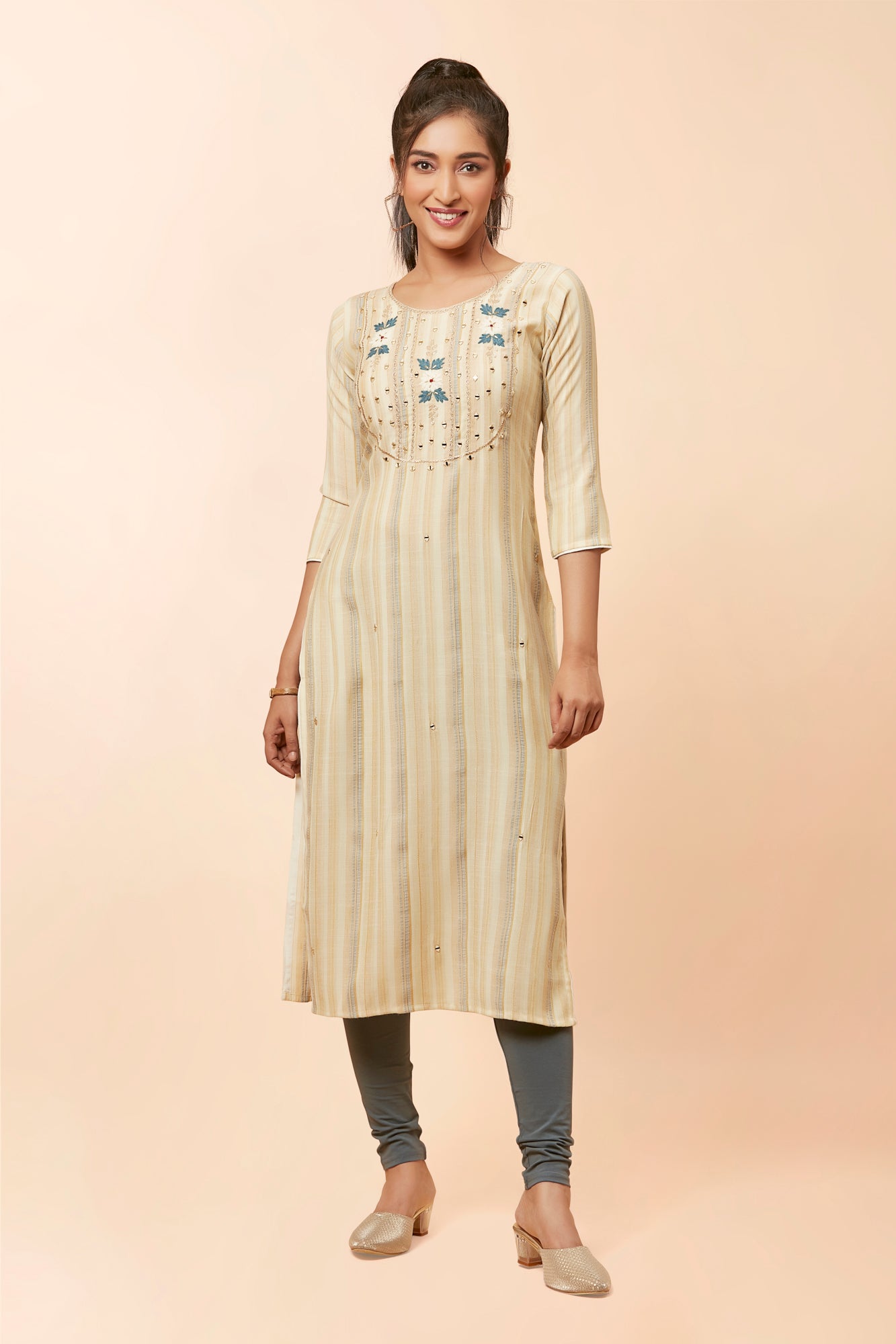 Urban Mystic Stripe Printed Straight Cut Mirror Work Kurta