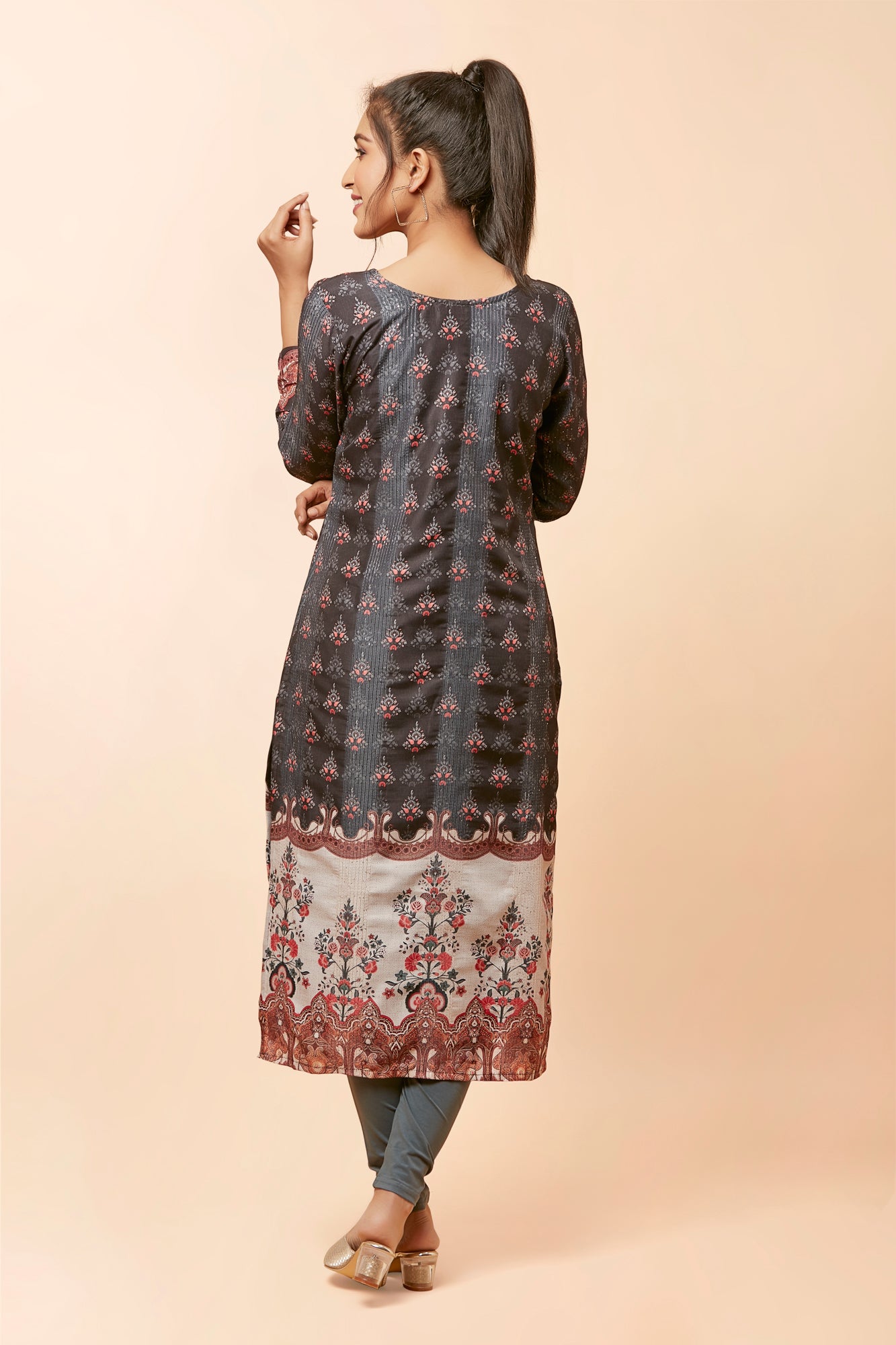 Urban Mystic Brown Silk Floral Print Straight Kurta