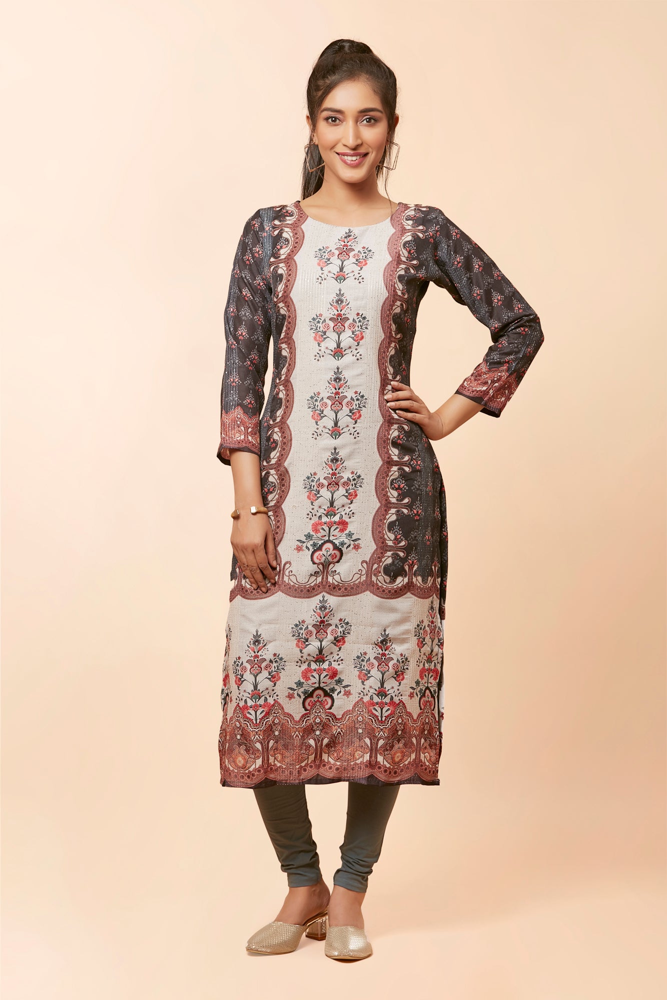 Urban Mystic Brown Silk Floral Print Straight Kurta