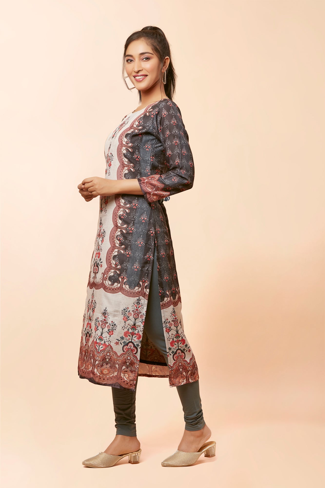 Urban Mystic Brown Silk Floral Print Straight Kurta