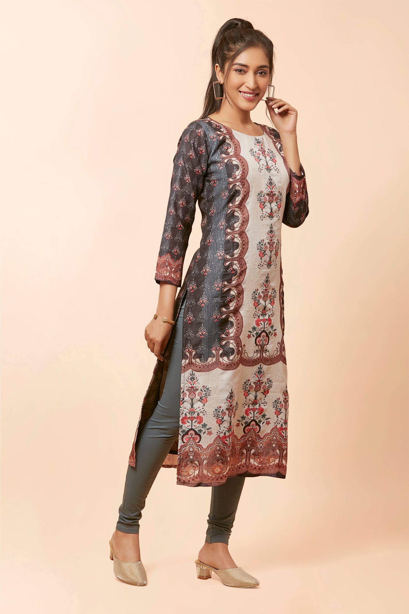 Urban Mystic Brown Silk Floral Print Straight Kurta