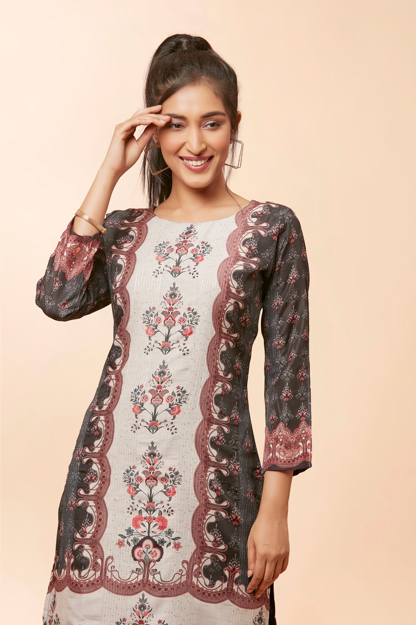 Urban Mystic Brown Silk Floral Print Straight Kurta