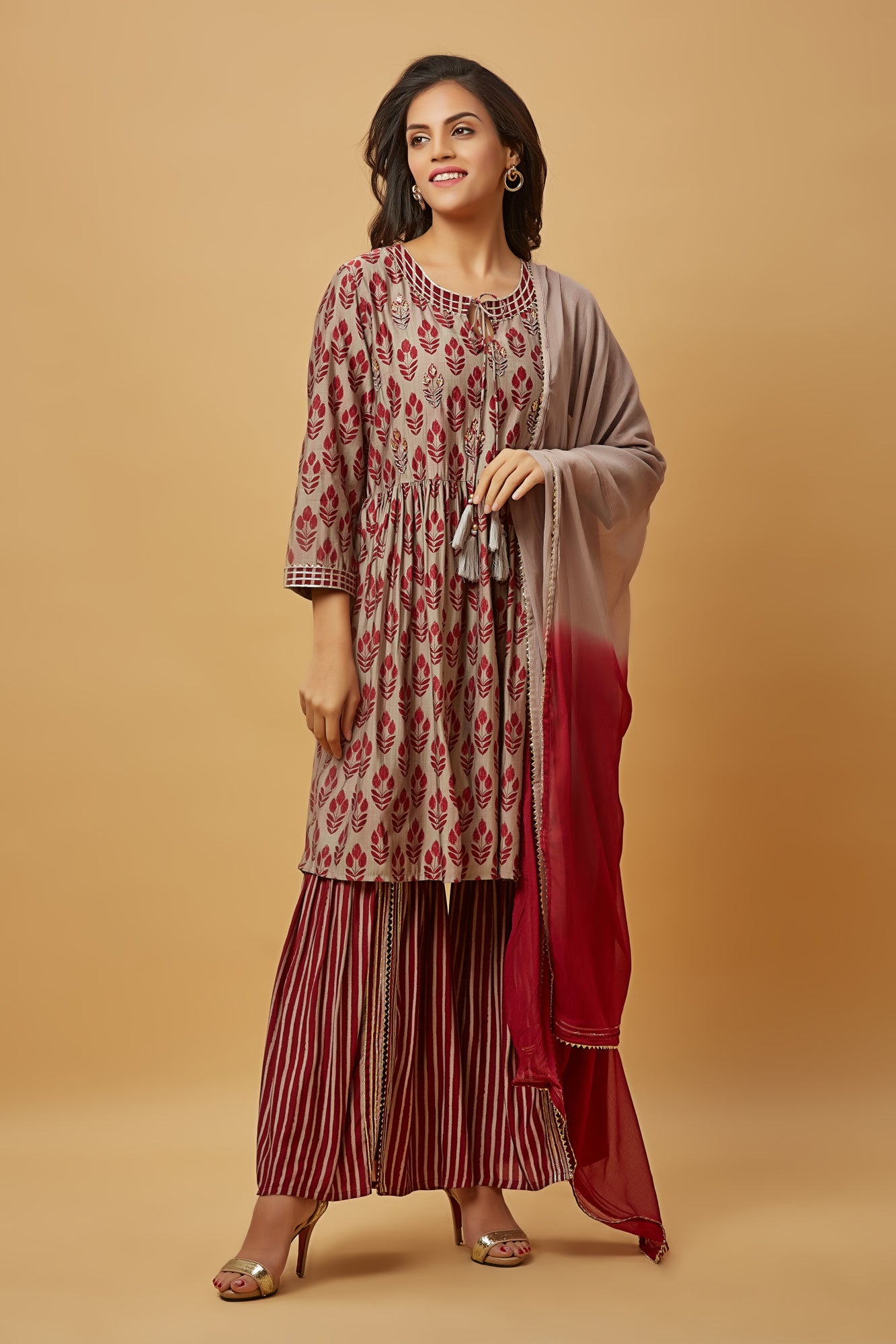 Urban Mystic Maroon Flaired Kurti Set With Sharara And Duppatta