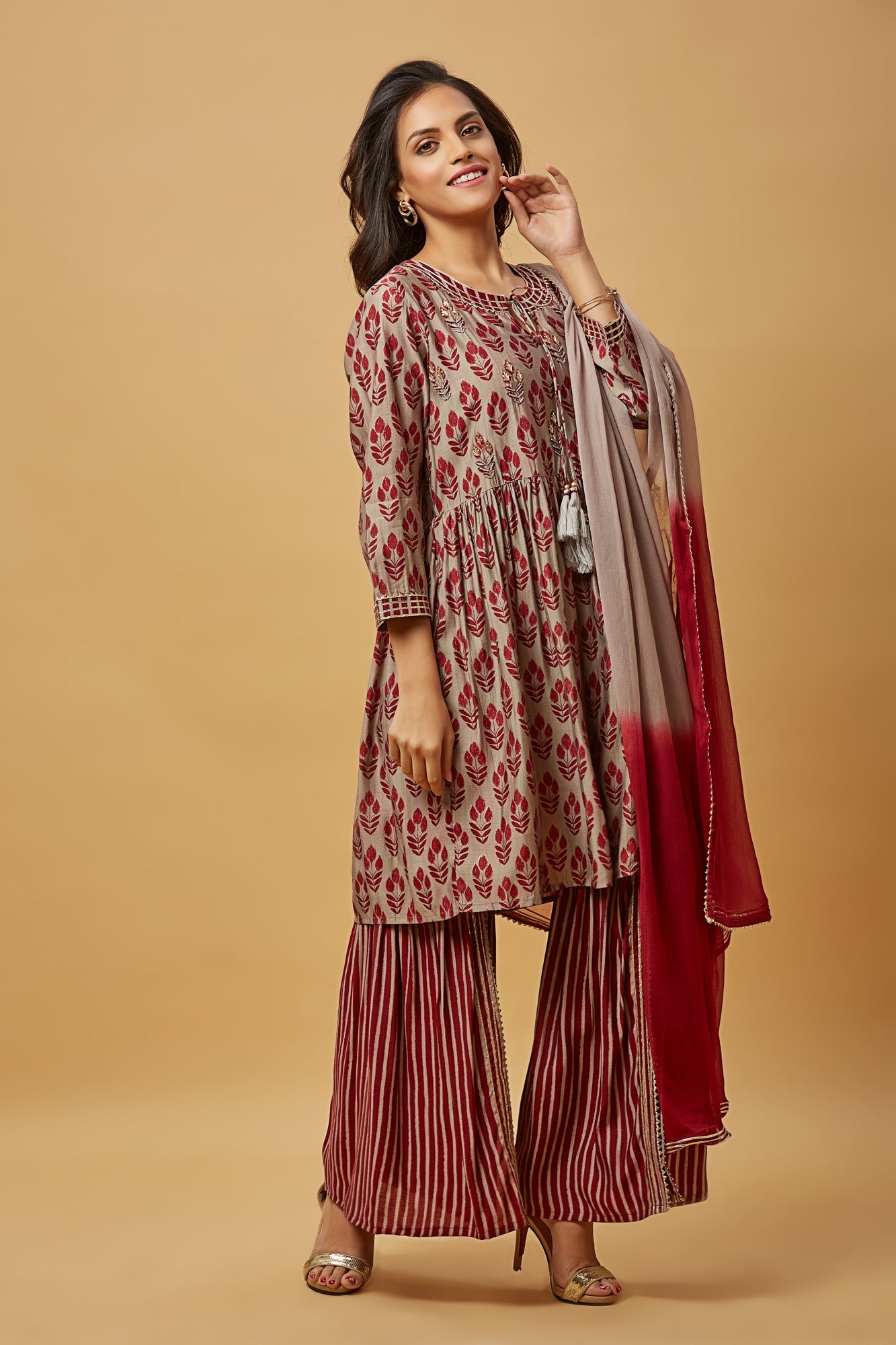 Urban Mystic Maroon Flaired Kurti Set With Sharara And Duppatta