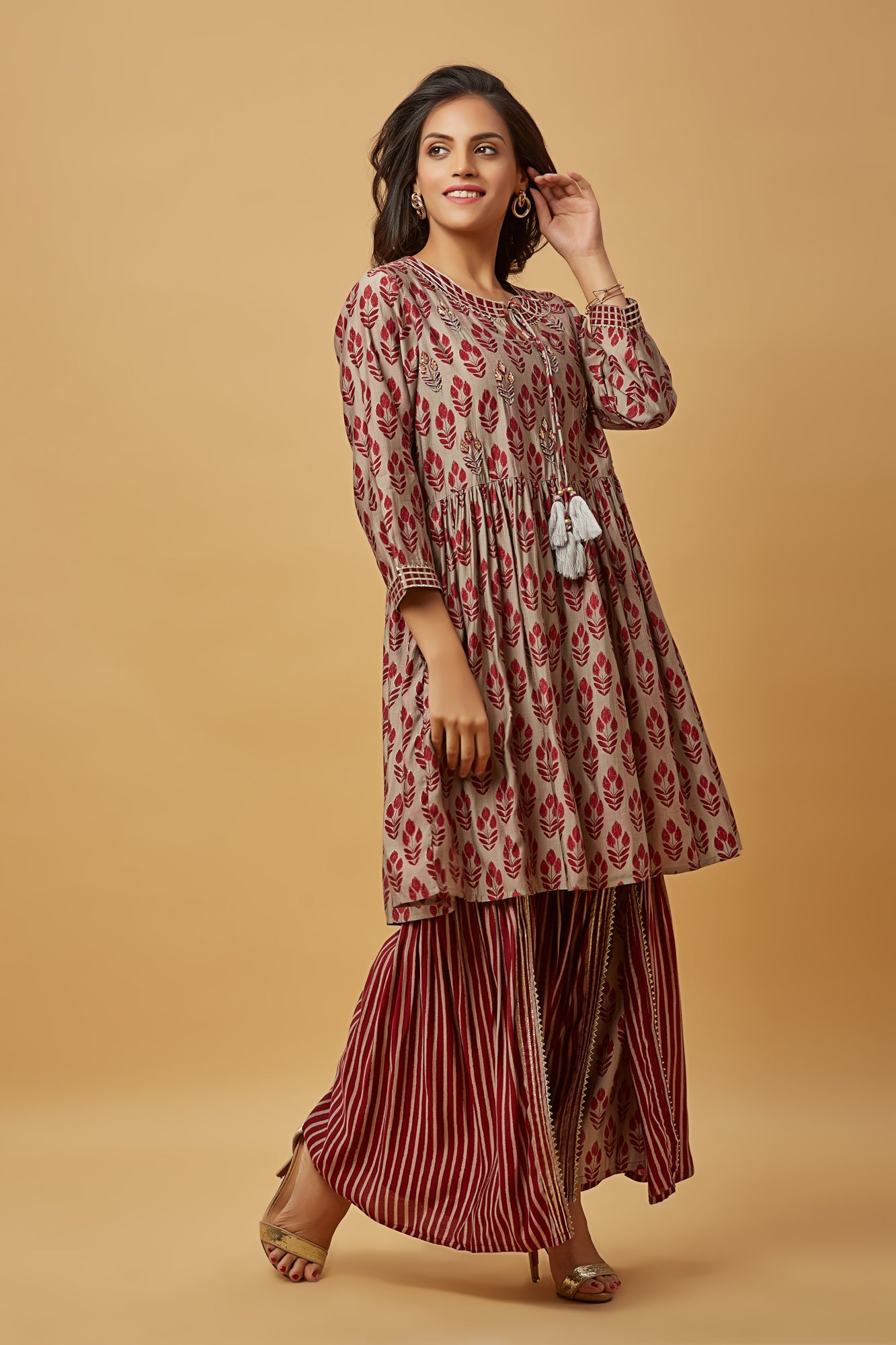 Urban Mystic Maroon Flaired Kurti Set With Sharara And Duppatta