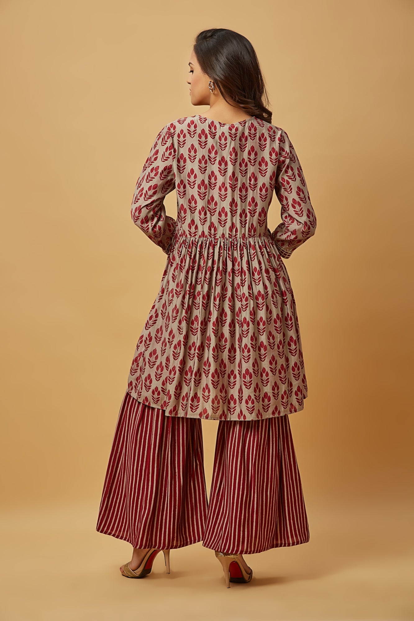 Urban Mystic Maroon Flaired Kurti Set With Sharara And Duppatta