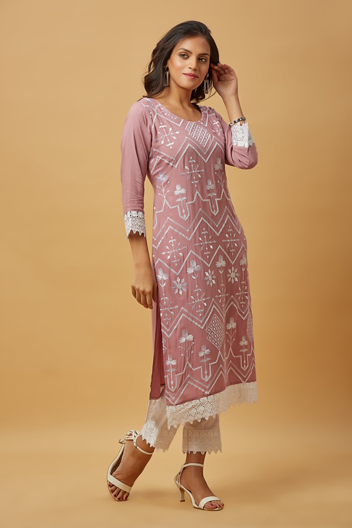 Urban Mystic Light Pink Thread Embrodired Straight Kurti Pant Set