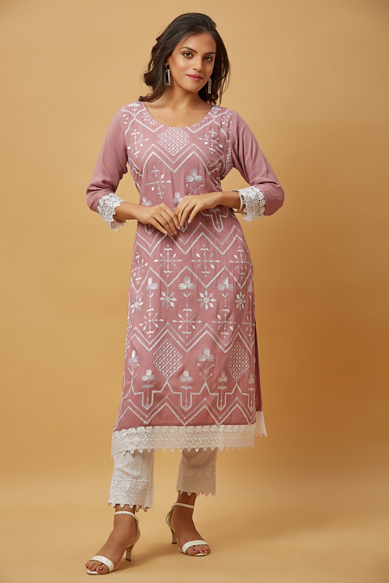 Urban Mystic Light Pink Thread Embrodired Straight Kurti Pant Set