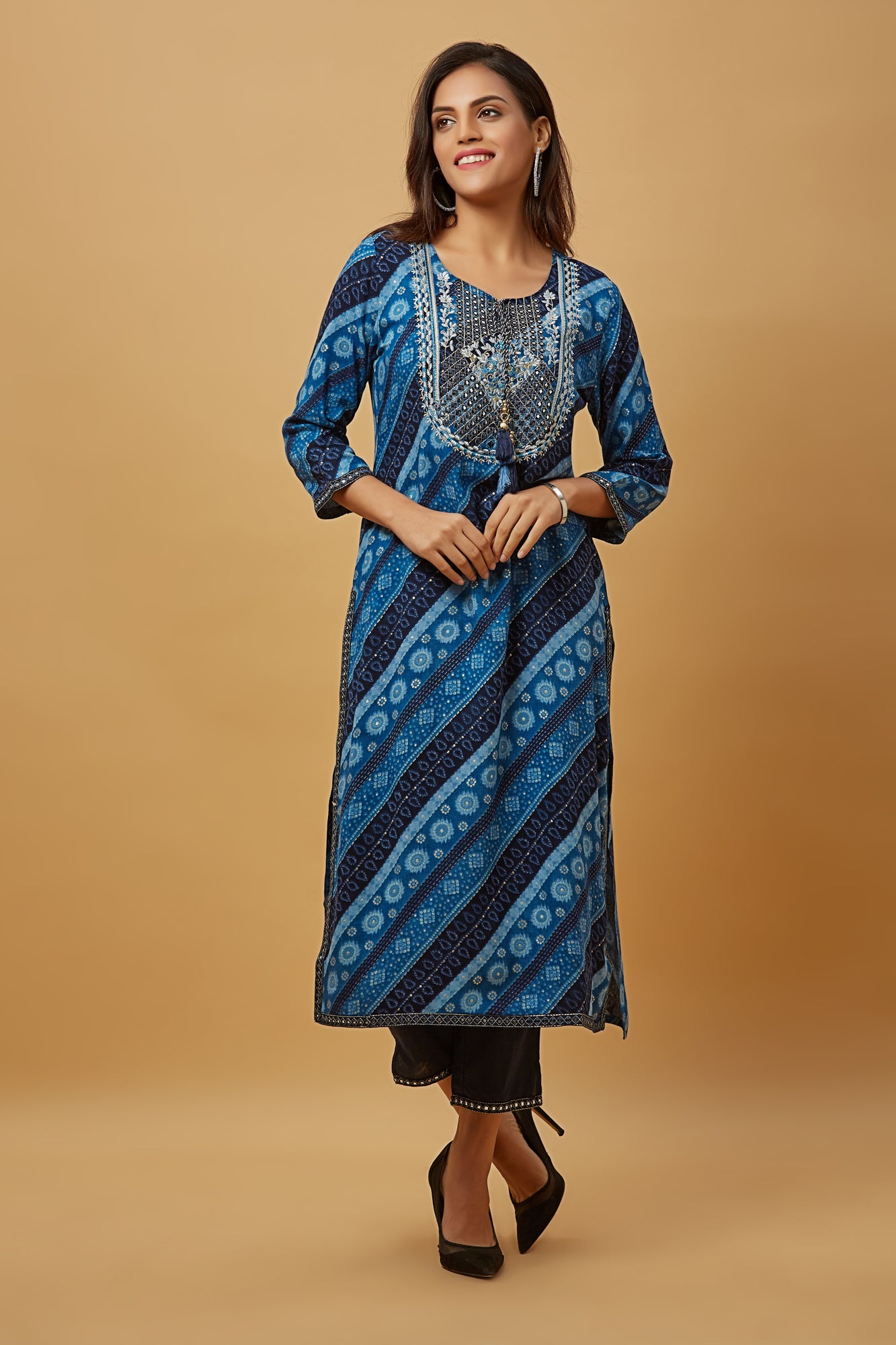 Urban Mystic Rayon Blue Embroidered Straight Kurti With Pant And Dupatta