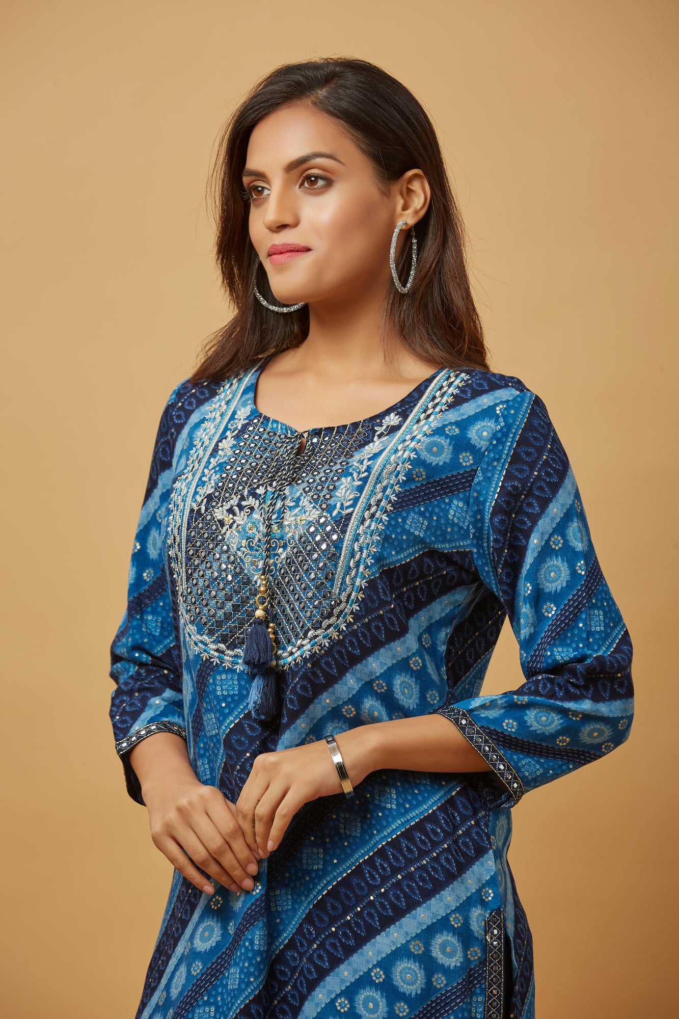 Urban Mystic Rayon Blue Embroidered Straight Kurti With Pant And Dupatta