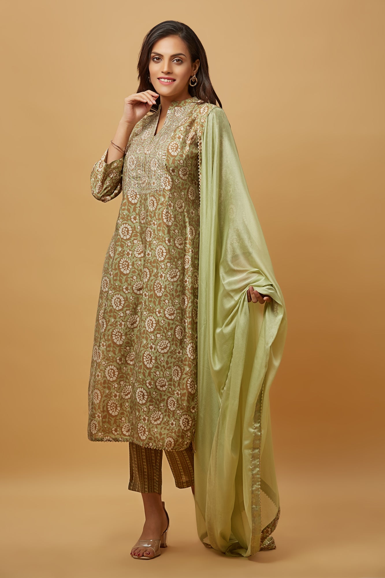 Urban Mystic Green Silk Embroidered Kurti Set With Pant And Dupatta