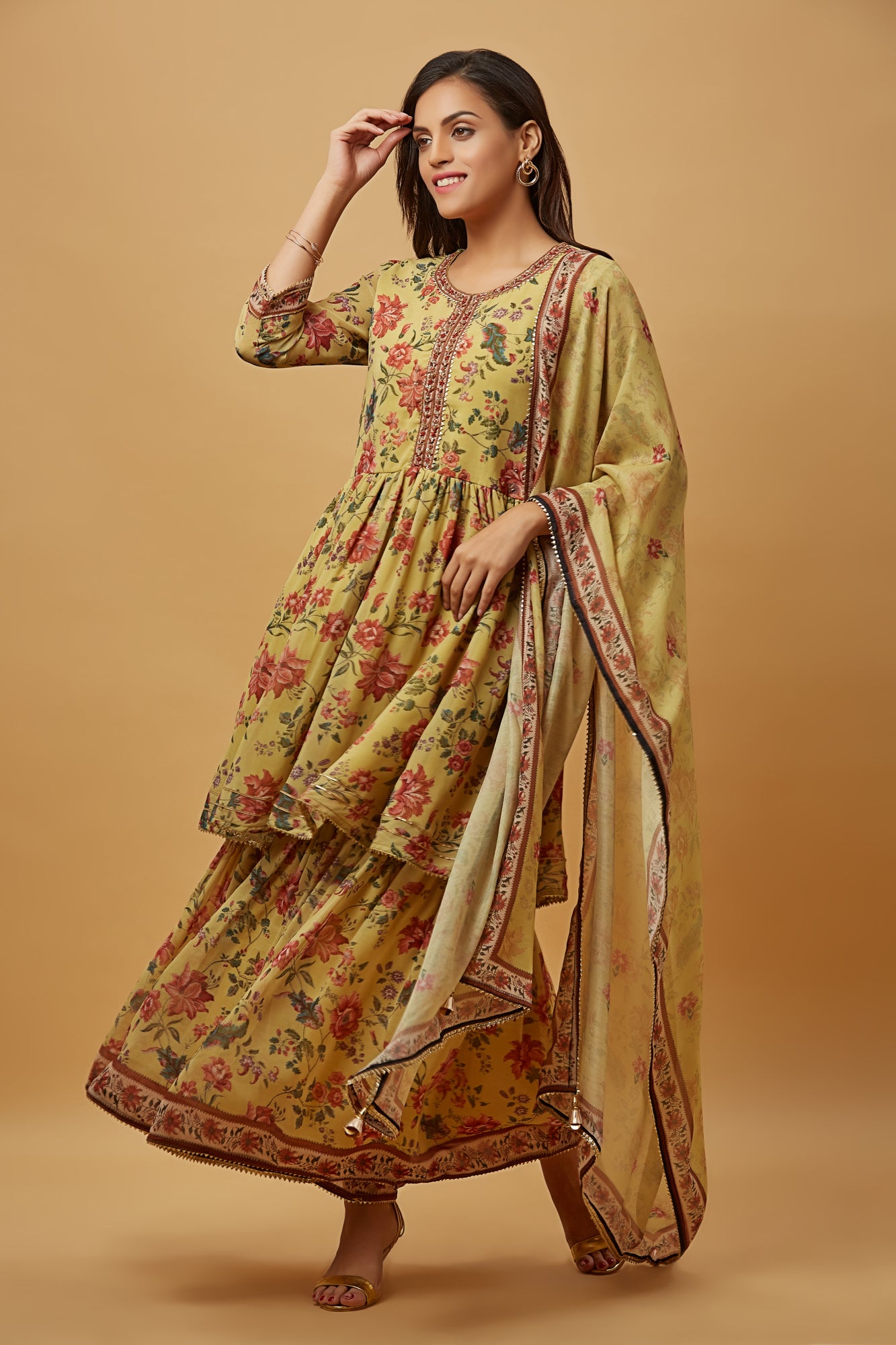 Urban Mystic Chiffon Floral Print Kurta Sharara Set With Dupatta