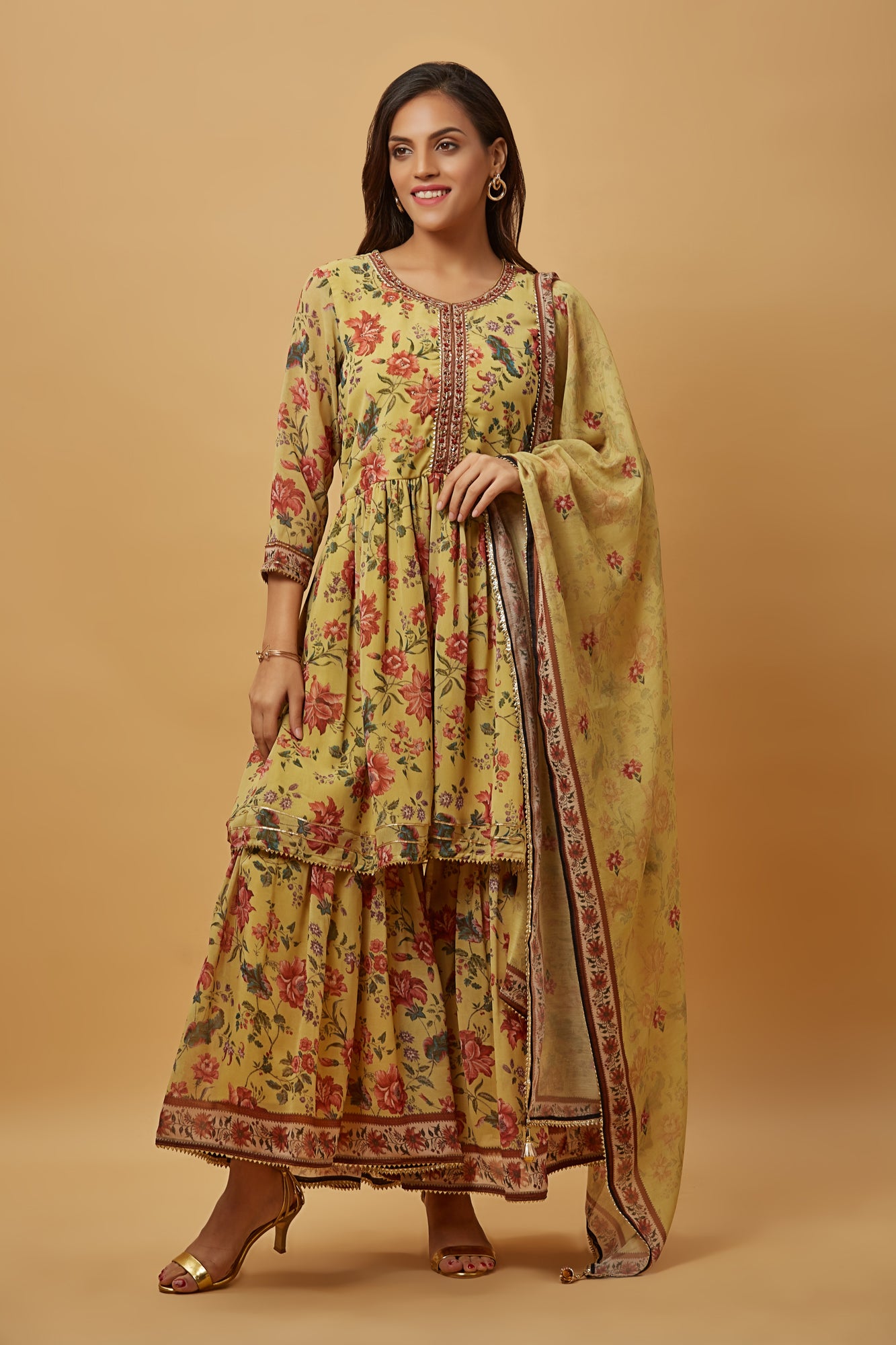 Urban Mystic Chiffon Floral Print Kurta Sharara Set With Dupatta