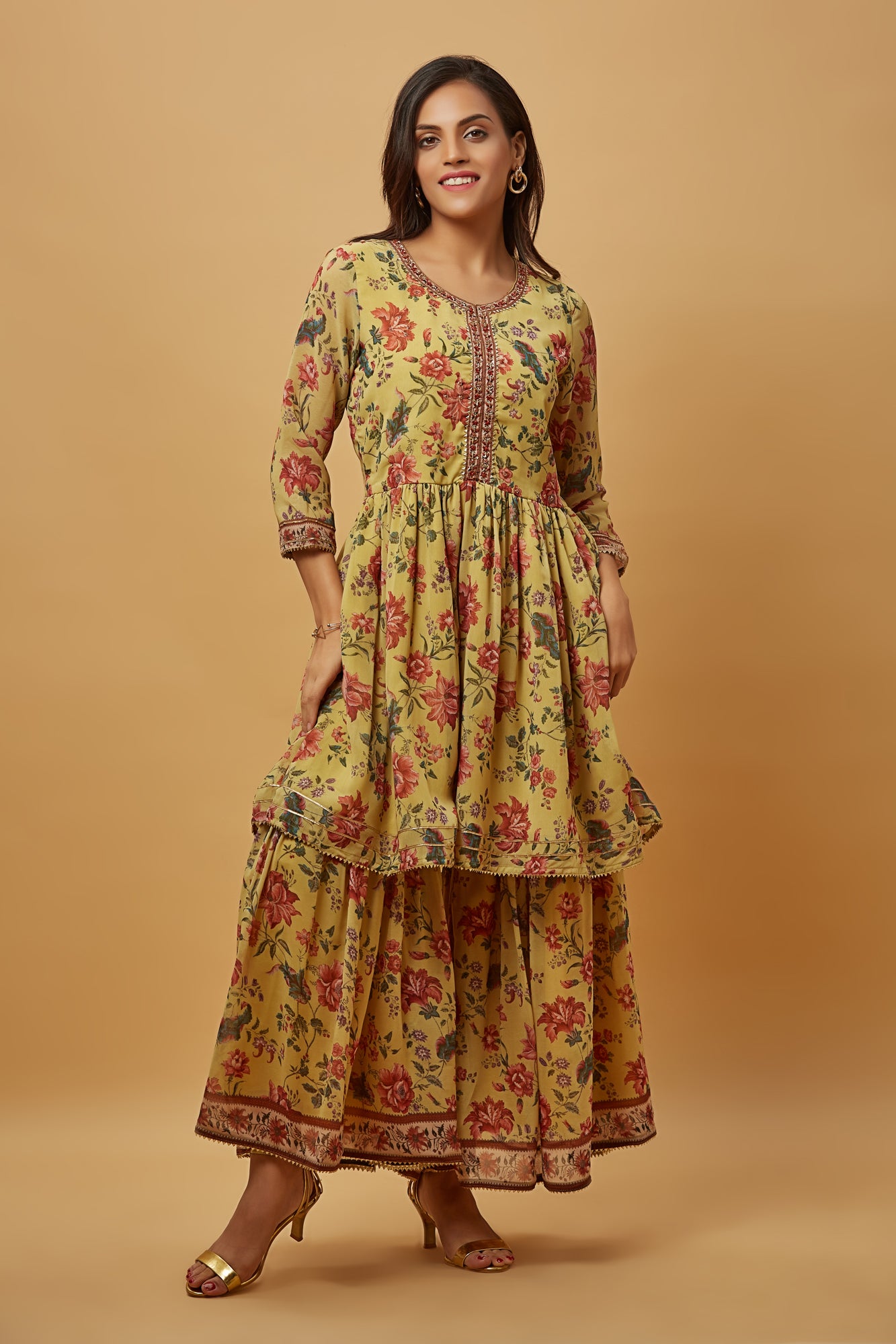 Urban Mystic Chiffon Floral Print Kurta Sharara Set With Dupatta