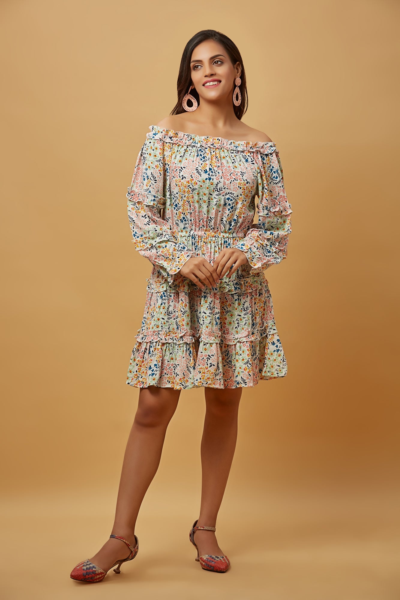 Urban Mystic Multi Floral Print Off-Shoulder Midi Dress