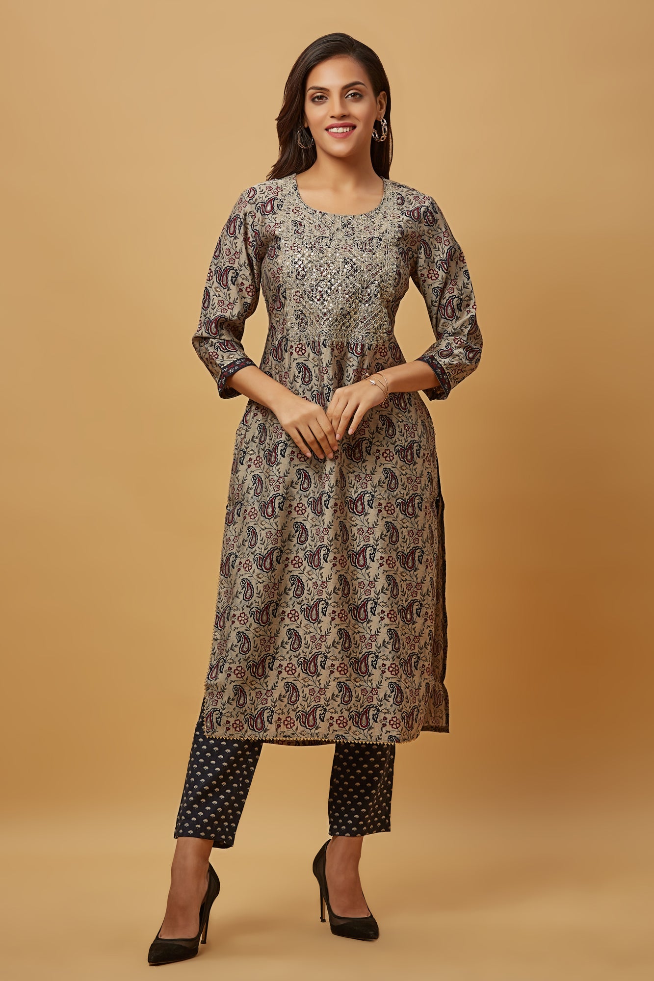 Urban Mystic Silk Grey Embroidered Straight Kurti Set