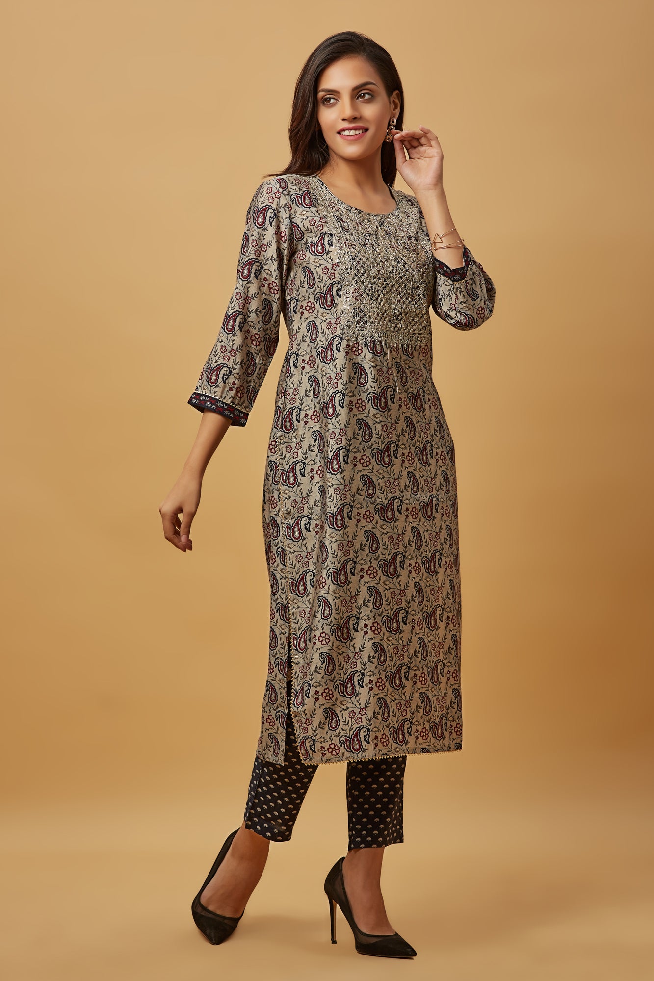 Urban Mystic Silk Grey Embroidered Straight Kurti Set