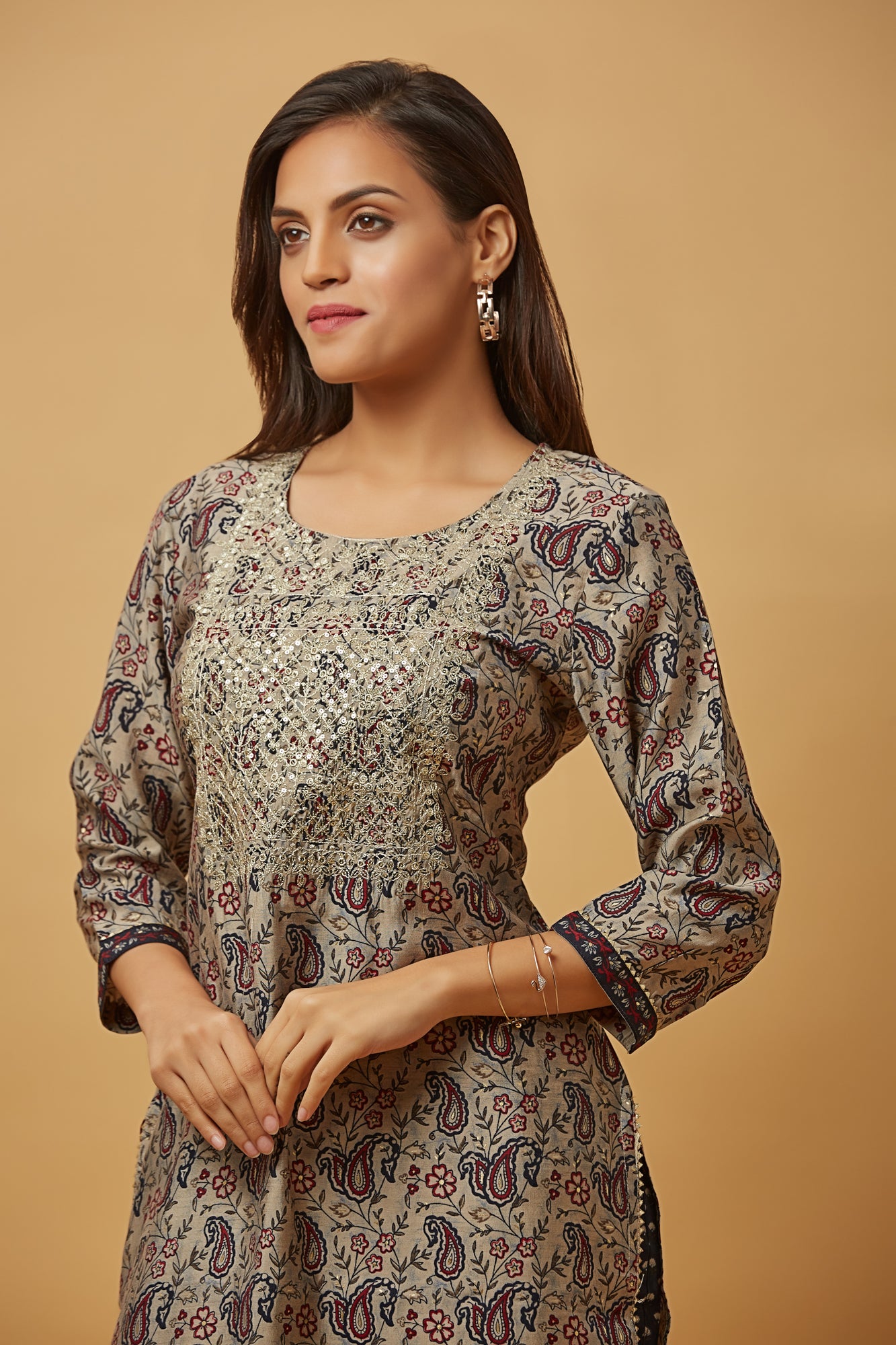 Urban Mystic Silk Grey Embroidered Straight Kurti Set