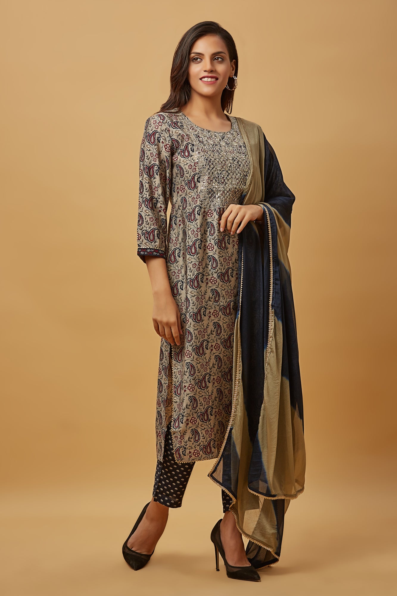 Urban Mystic Silk Grey Embroidered Straight Kurti Set