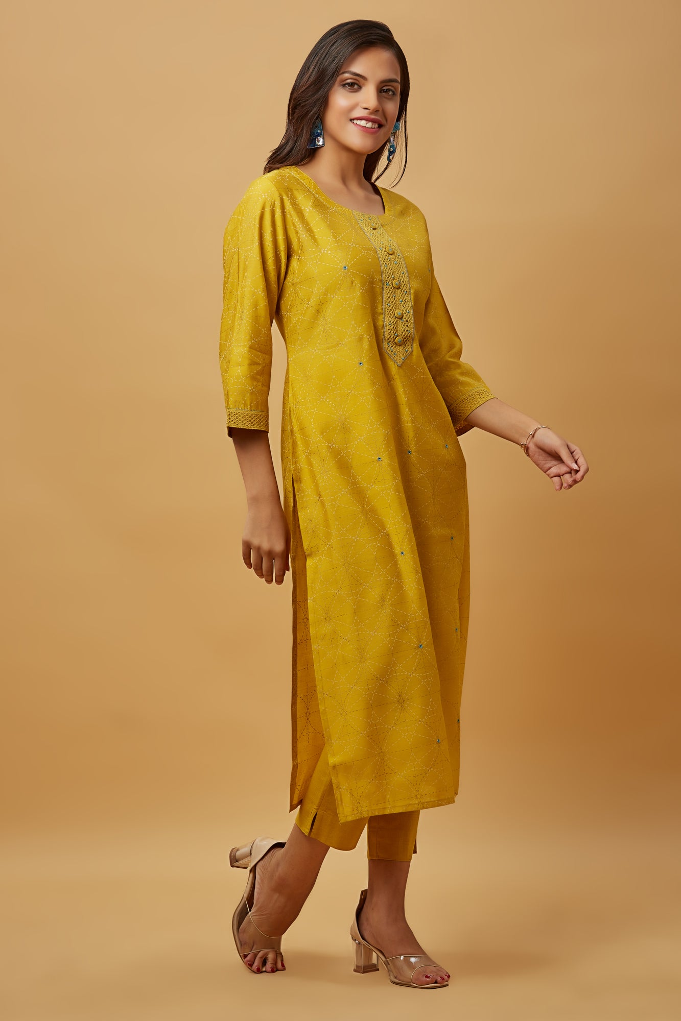 Urban Mystic Yellow Color Straight Cut Silk Kurti Set