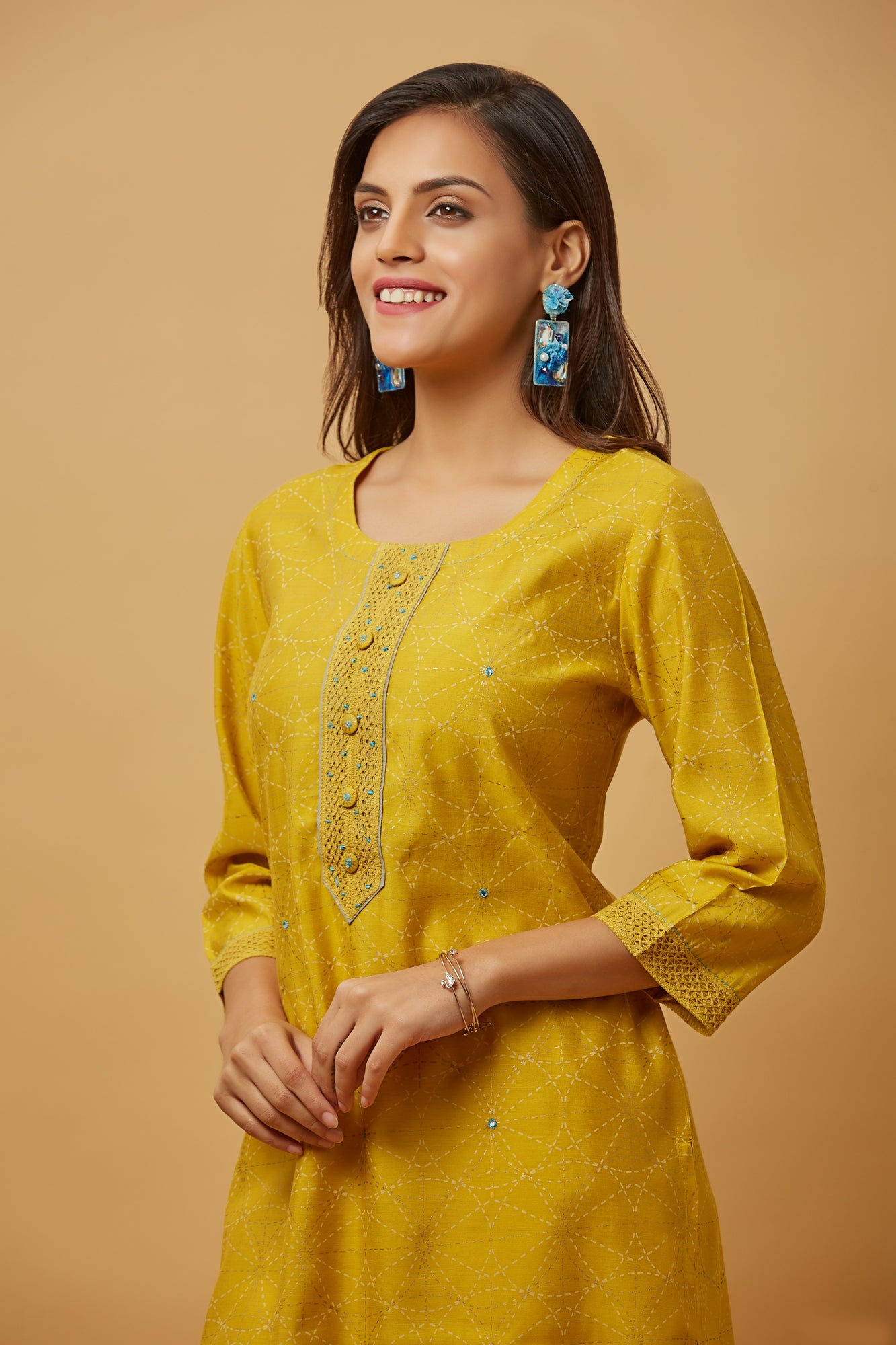 Urban Mystic Yellow Color Straight Cut Silk Kurti Set