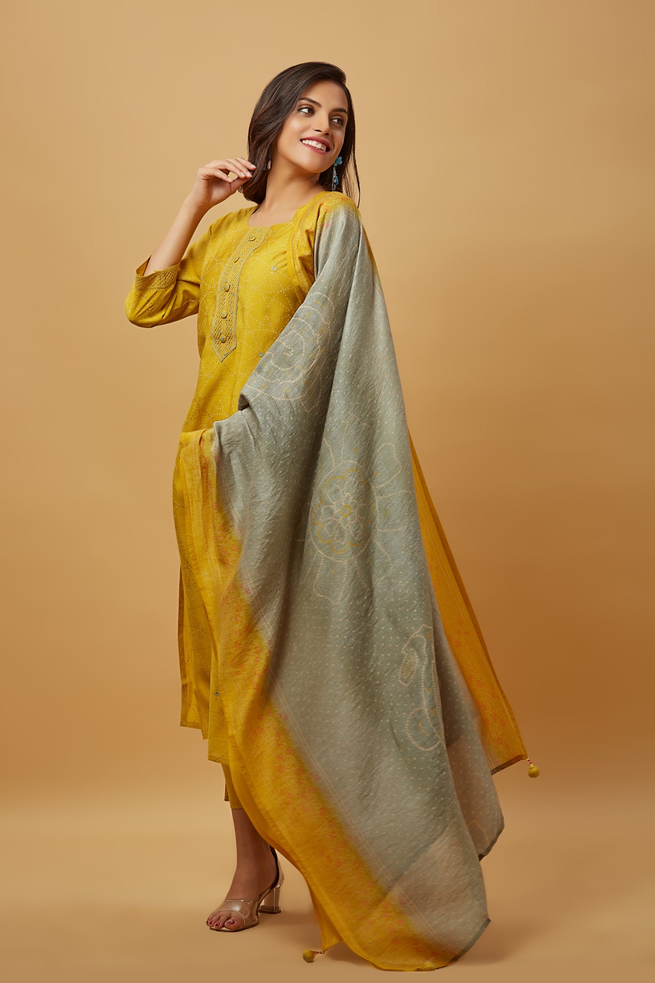 Urban Mystic Yellow Color Straight Cut Silk Kurti Set