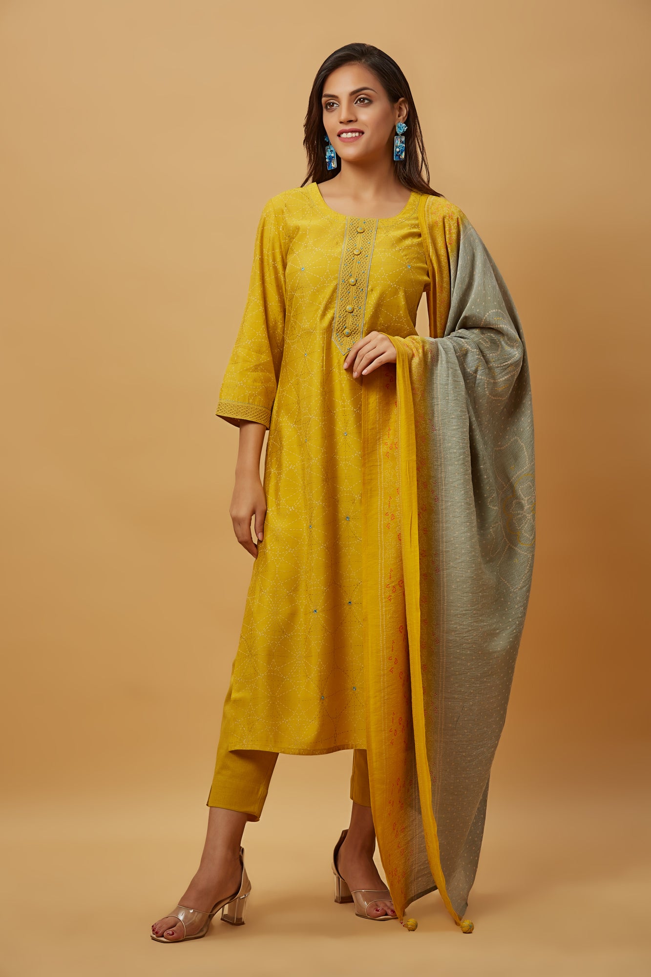 Urban Mystic Yellow Color Straight Cut Silk Kurti Set