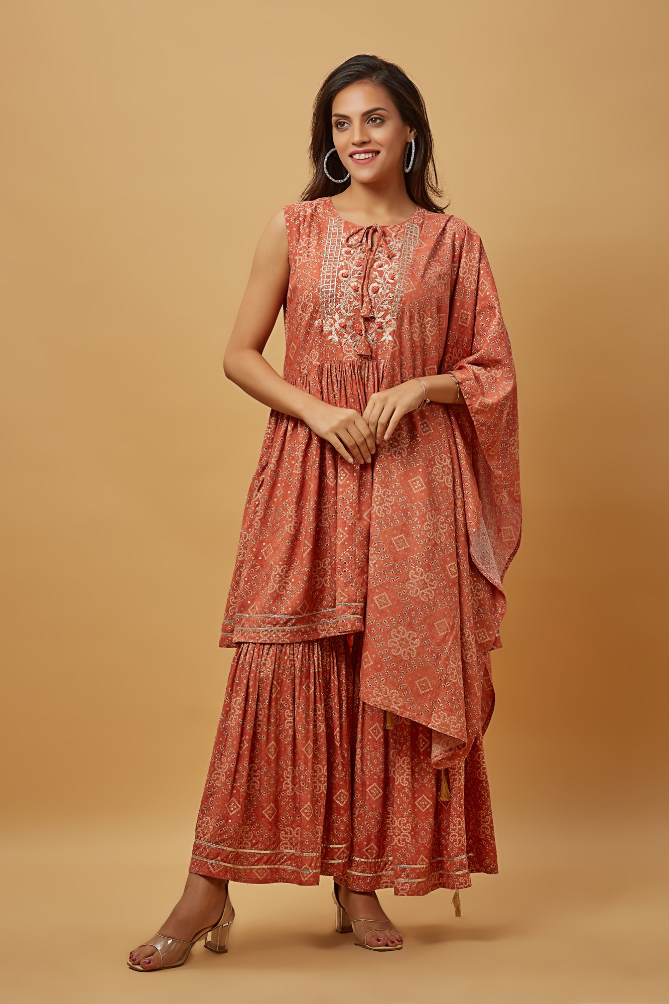 Urban Mystic Peach Embroidered Flared Kurta Sharara Set