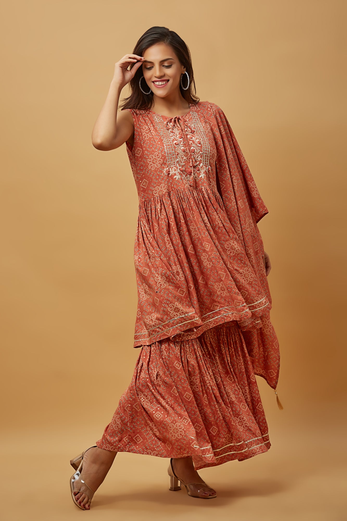 Urban Mystic Peach Embroidered Flared Kurta Sharara Set