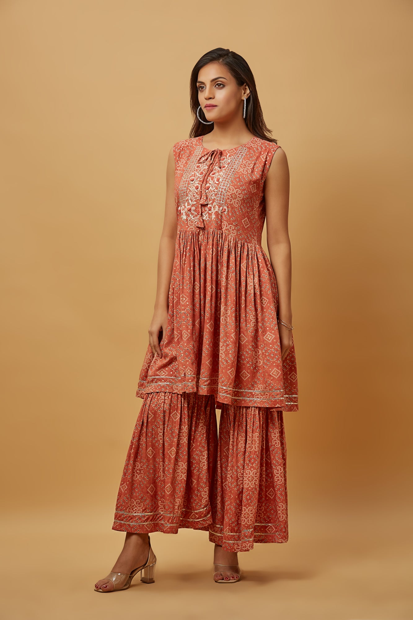 Urban Mystic Peach Embroidered Flared Kurta Sharara Set