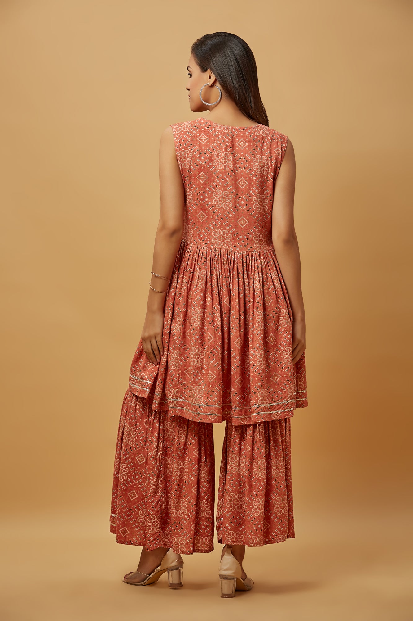 Urban Mystic Peach Embroidered Flared Kurta Sharara Set