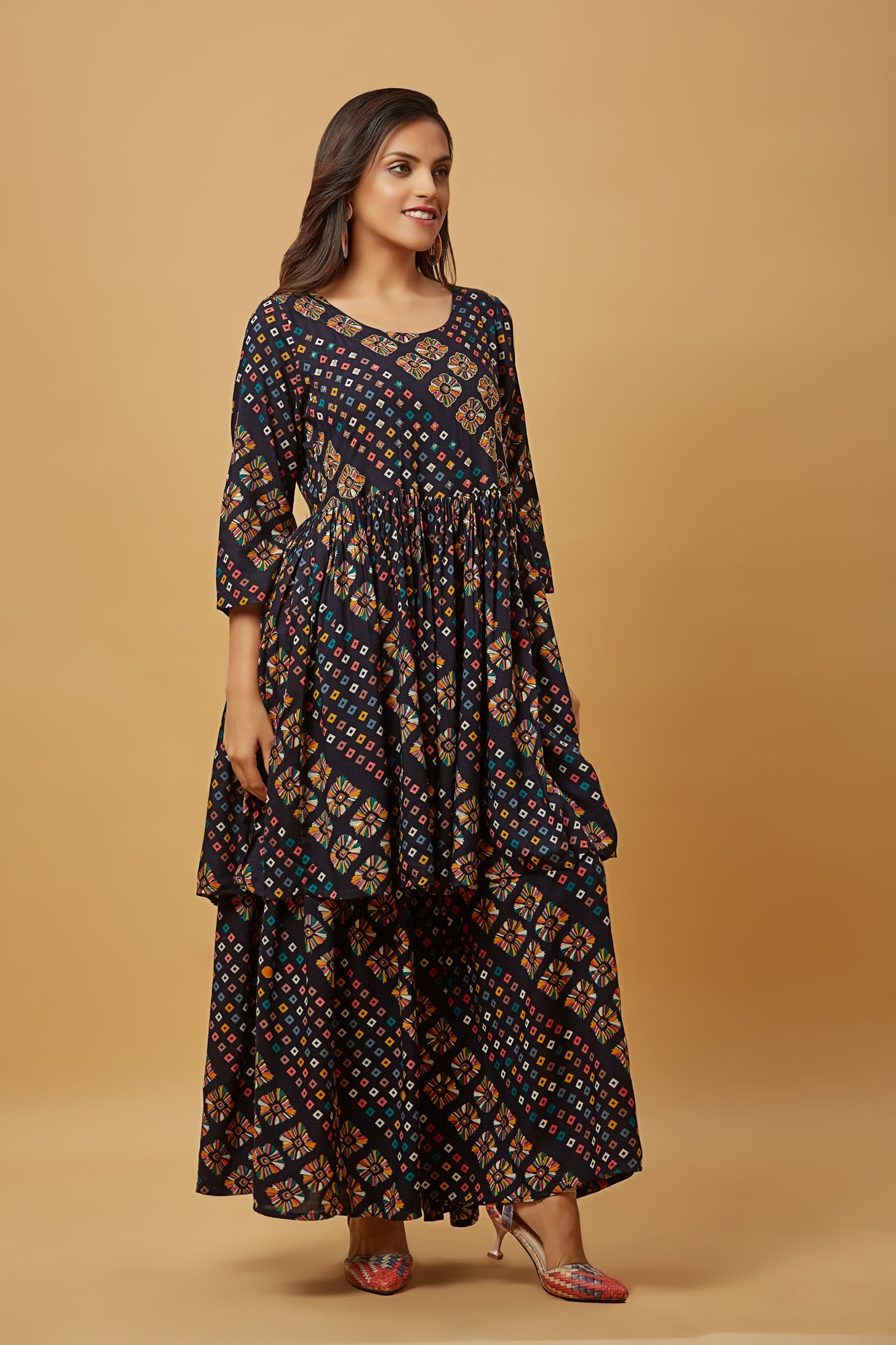 Urban Mystic Geometric Print Rayon Kurti Set With Sharara